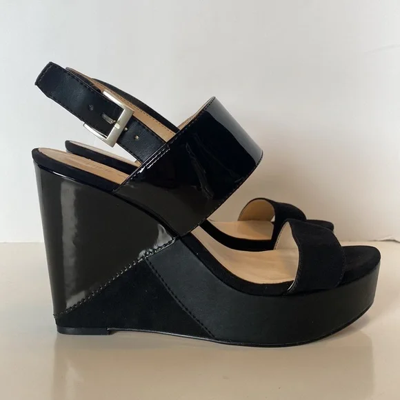 Nine West Dreamz Black Leather and Suede Wedge Sandals (Size 8.5) - Picture 3 of 14